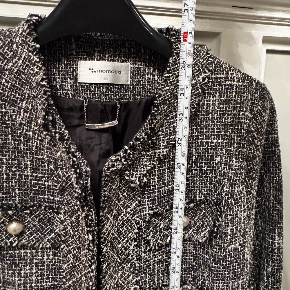 Momoco Black White Tweed Check Long Overcoat Fringe Pearl Buttons Size 38 - Picture 7 of 11